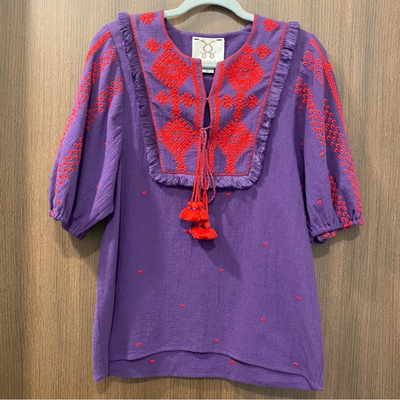 Figue Embroidered Blouse Size Small Tassels Fringe Balloon Sleeves Cotton Boho - Picture 3 of 15